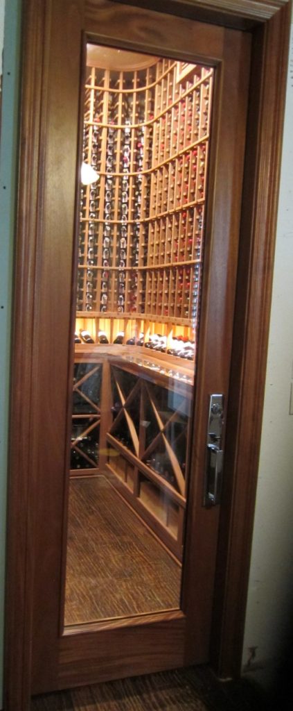 Square Top Barolo Custom Wine Cellar Door in Mahogany Designed by Experts in Orange County