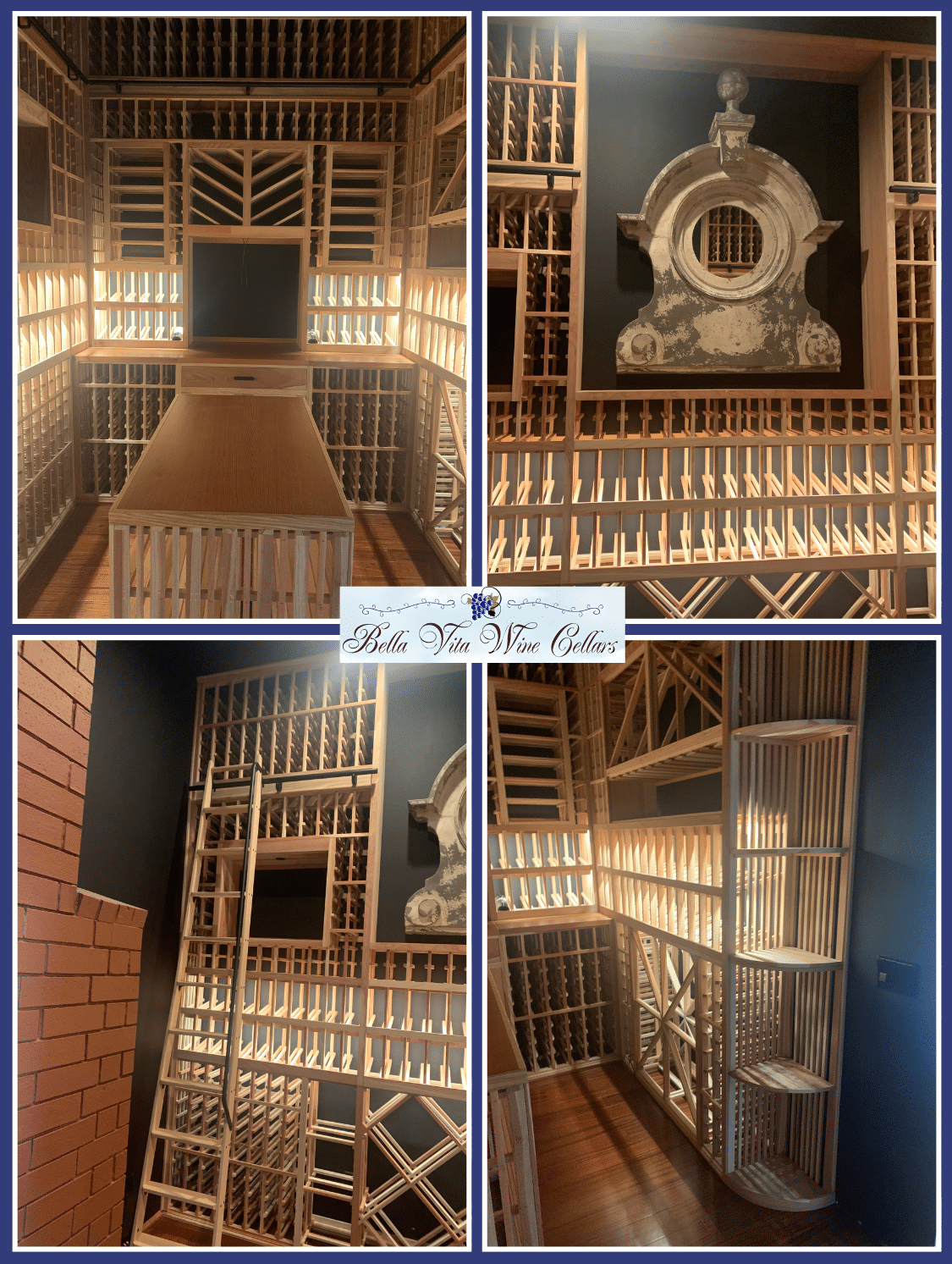 This12-foot-high traditional home wine cellar boasts a 2100-bottle capacity and classic redwood wine racking
