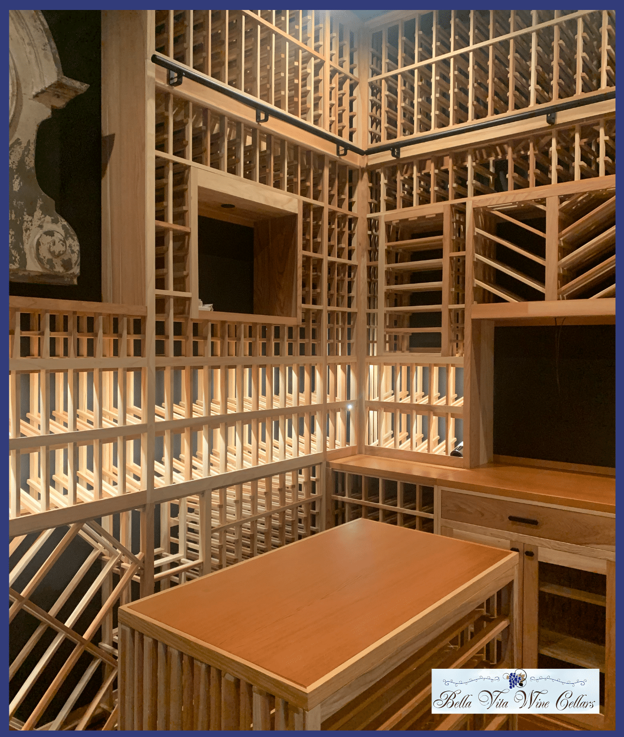 Our wooden wine racking system can display up to 2100 bottle capacity and has a range of unique racking design